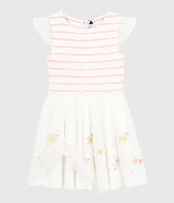 Kinder-Festtagskleid aus Baumwolle und Tüll für Mädchen weiss MARSHMALLOW/rosa MINOIS