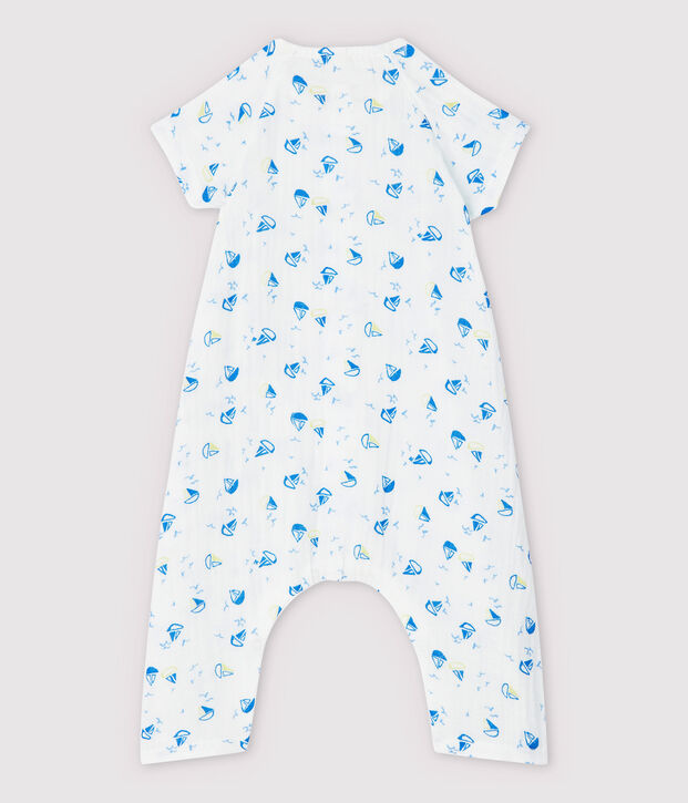 Langer Baby-Overall aus Bio-Baumwoll-Windelstoff mit Boot-Motiv weiss/vielfarbig