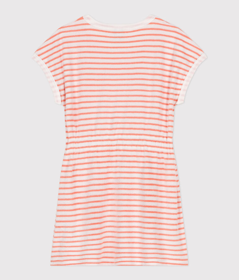 Kurz&auml;rmeliges Kinder-Kleid aus Baumwoll-Frottee mit Streifen weiss/orange