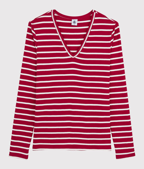 Damen-T-Shirt mit V-Ausschnitt rot TERKUIT/weiss MARSHMALLOW