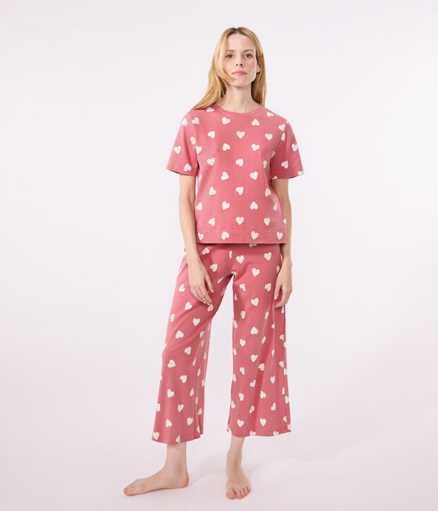 Damen-Pyjama aus Baumwolle mit Herzmotiv rosa/weiss