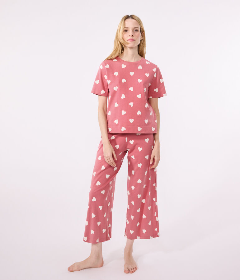 Damen-Pyjama aus Baumwolle mit Herzmotiv rosa/weiss