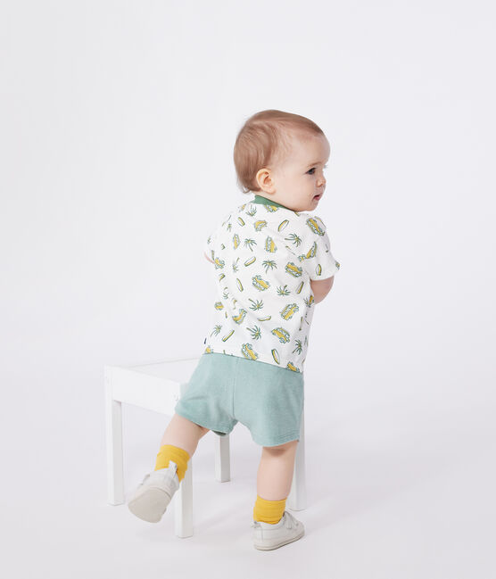 Kurzärmeliges Baby-T-Shirt aus Baumwolle mit Schiffchenmuster weiss MARSHMALLOW/ ORGE