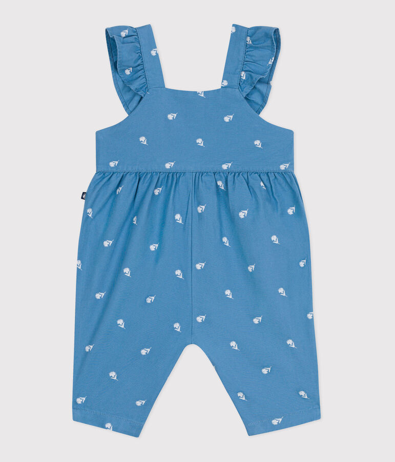 Langbeinige Baby-Latzhose aus Baumwolle mit bestickten Blumen blau/weiss