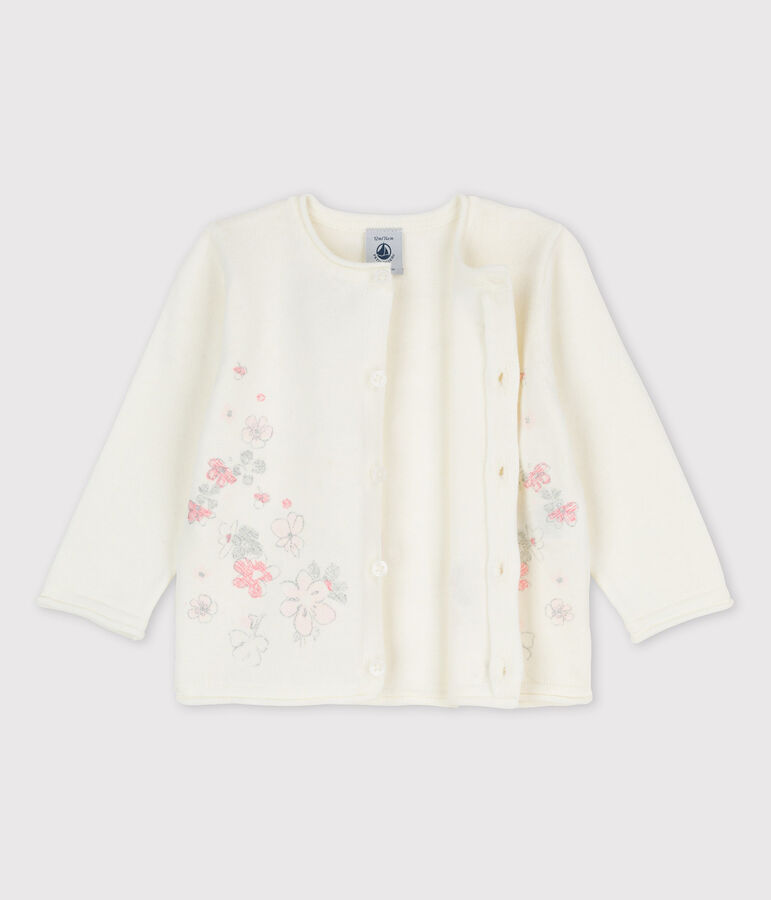 Baby-Cardigan, Strickgewebe aus Baumwolljersey/Leinen, M&auml;dchen weiss