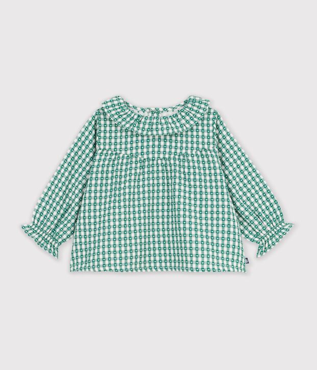 Lang&auml;rmelige Baby-Bluse aus Baumwolle mit Herz-Vichymuster gr&uuml;n/weiss