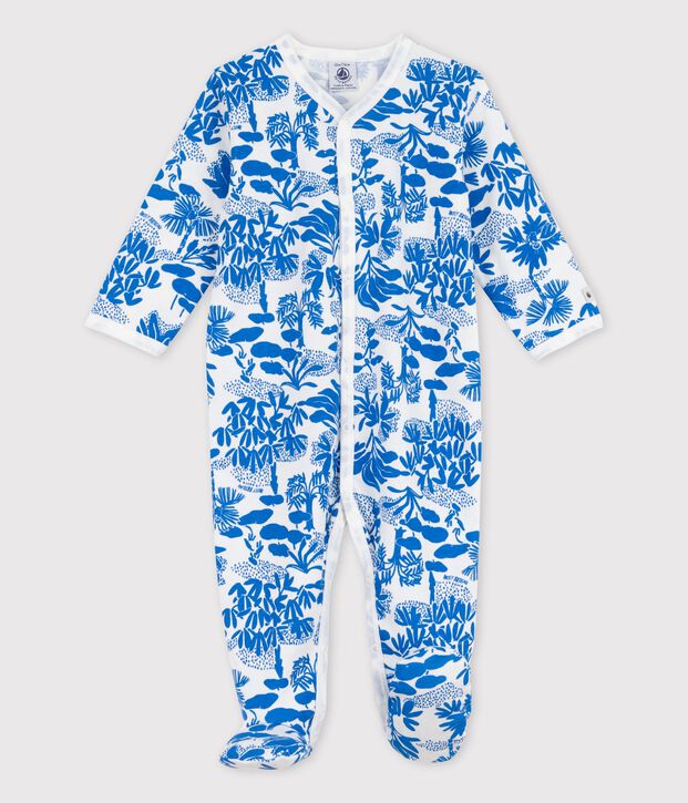 Baby-Strampler aus Baumwolle mit Pflanzenmuster weiss/blau