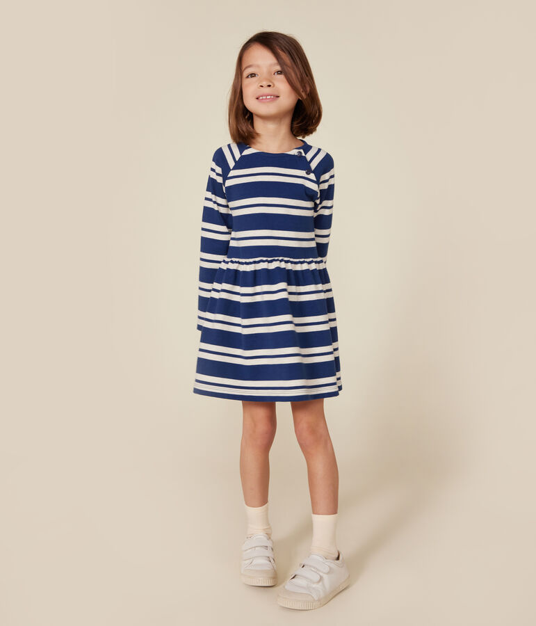 Lang&auml;rmeliges Kinder-Kleid aus festem Baumwollstoff f&uuml;r M&auml;dchen blau/beige