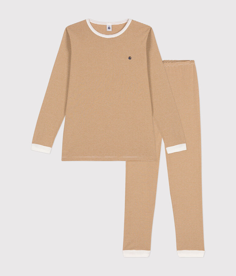 Kinder-Pyjama aus gestreifter Baumwolle f&uuml;r Jungen. braun CUIVRE/ MARSHMALLOW