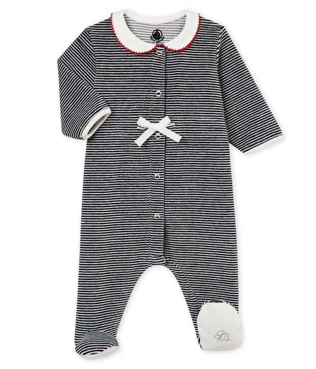 Baby M&auml;dchenStrampler mit klassischem Streifenmuster blau/weiss