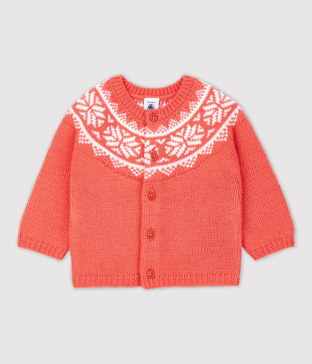Baby-Cardigan aus 100 % Wolle. orange/weiss