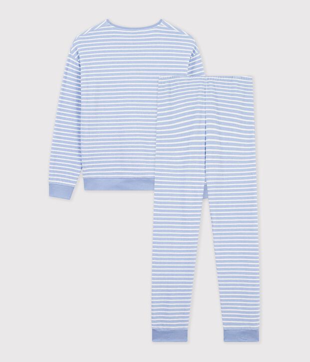 Damen-Pyjama aus Baumwoll-Frottee mit Streifen blau/naturfarben