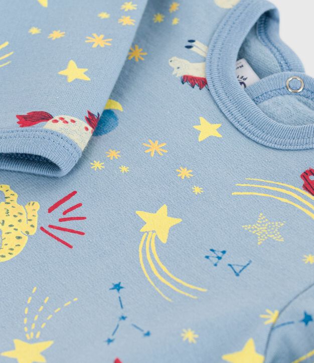 Strampler mit &Ouml;ffnung am R&uuml;cken aus aufgerautem, bedruckten Molton blau/weiss