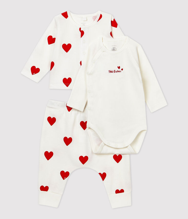Dreiteiliges Baby-Set aus Bio-Baumwolle mit rotem Herzmuster weiss/rot