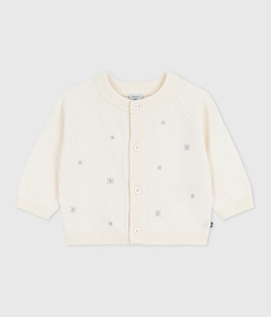 Baby-Cardigan aus Woll- und Baumwollstrick mit bestickten Sternen weiss MARSHMALLOW/grau ARGENT