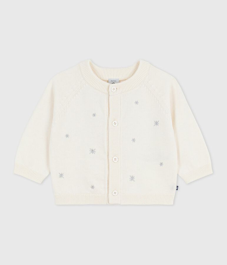 Baby-Cardigan aus Woll- und Baumwollstrick mit bestickten Sternen weiss/grau