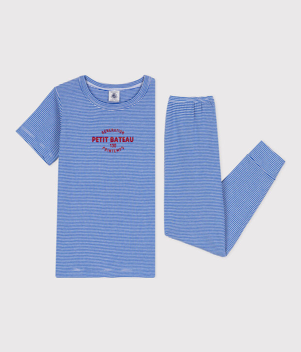 Kurz&auml;rmeliger Kinderpyjama aus Baumwolle mit Streifen blau/weiss