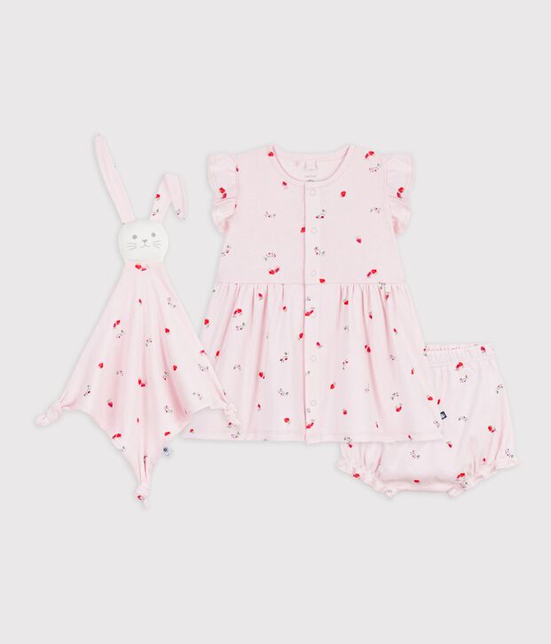 Baby-Geschenkset Kleid und Kuscheltier aus Baumwolle mit Blumenmuster rosa/vielfarbig