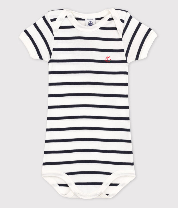 Kurz&auml;rmeliger Baby-Body f&uuml;r M&auml;dchen weiss/blau