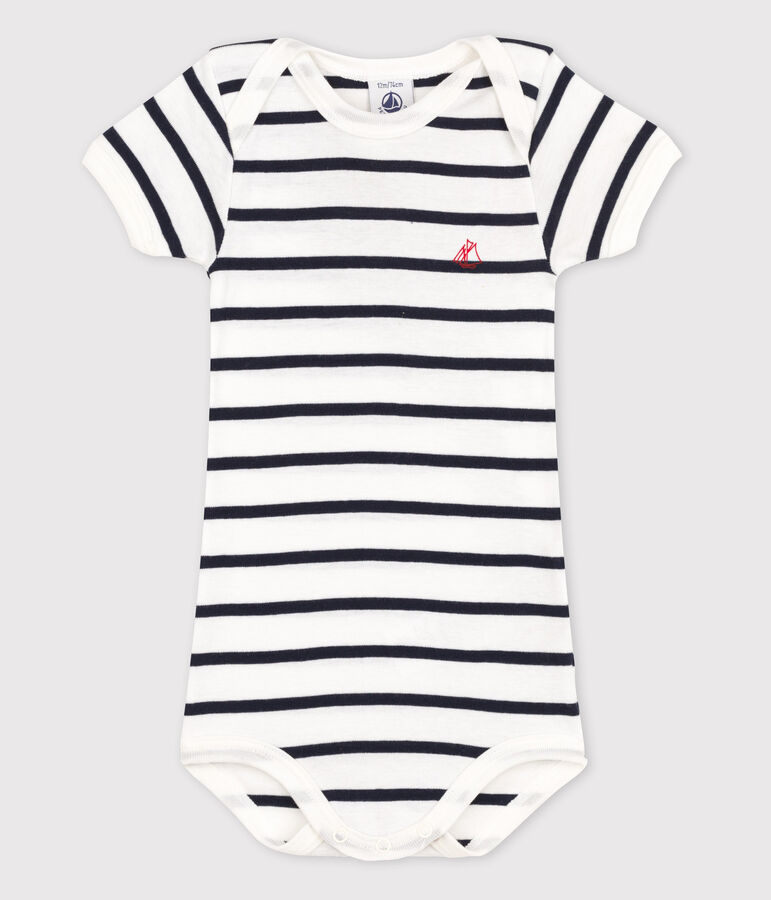 Kurz&auml;rmeliger Baby-Body f&uuml;r M&auml;dchen weiss MARSHMALLOW/blau SMOKING