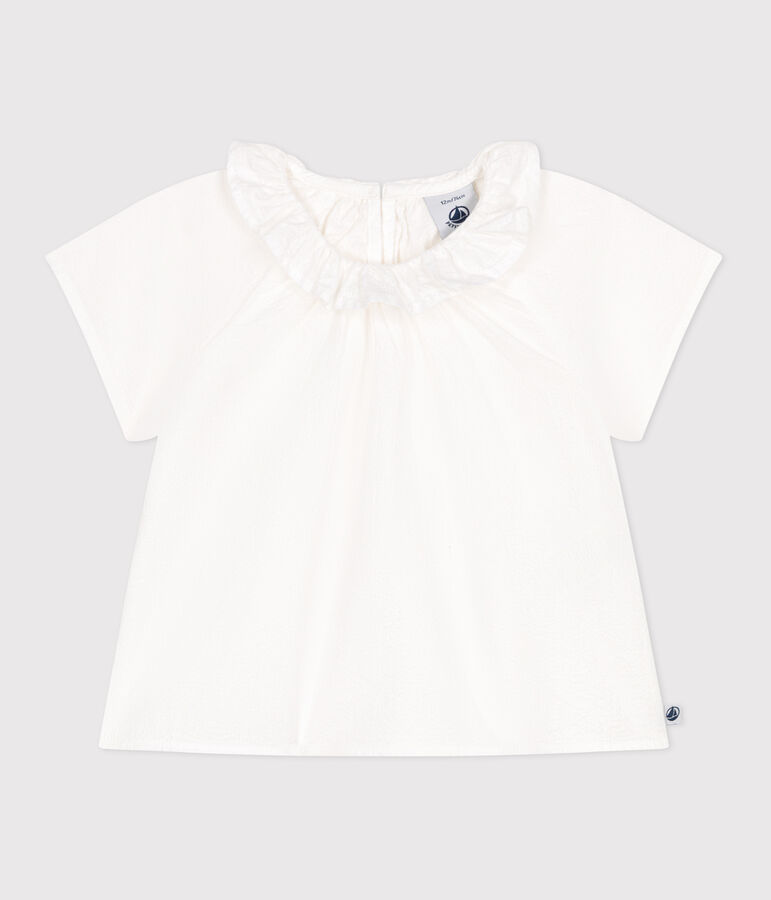 Kurz&auml;rmelige Baby-Bluse aus gestreiftem Seersucker weiss