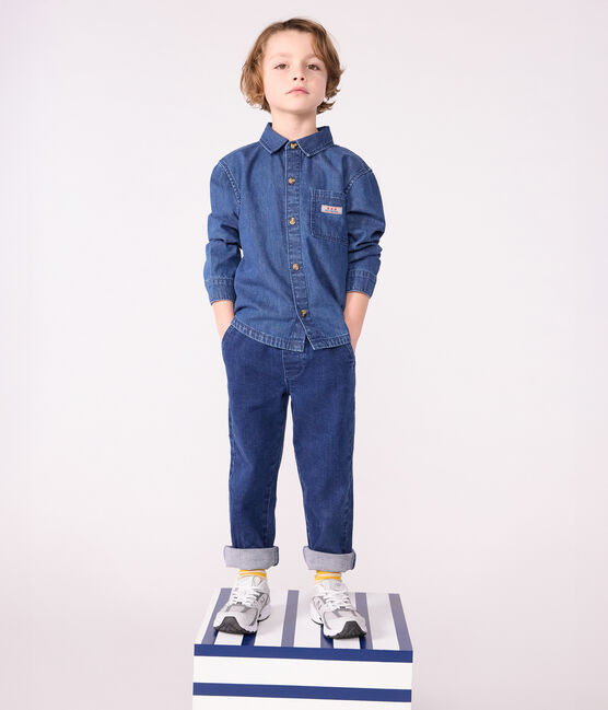 Kinder-Hemd aus einfarbigem Jeansstoff blau DENIM MOYEN