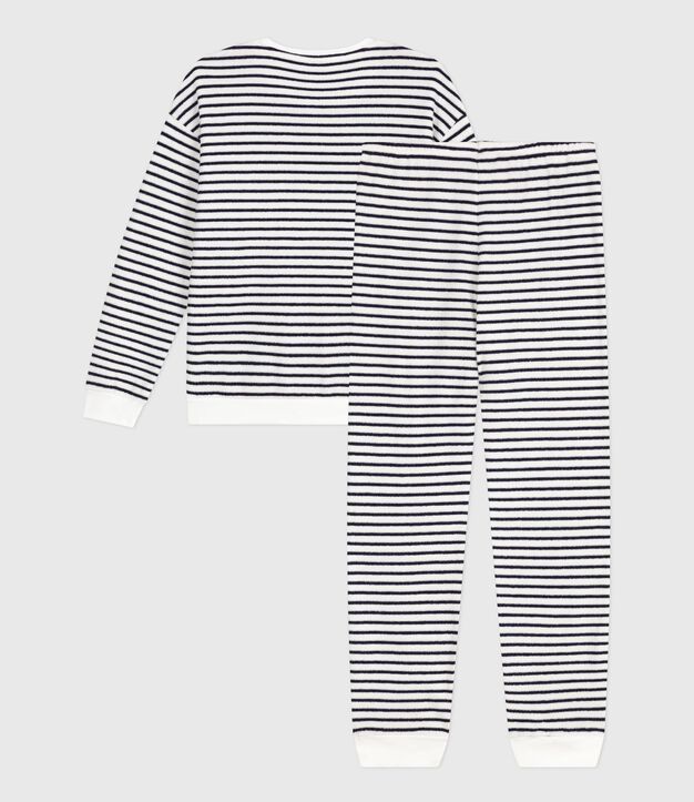 Damen-Pyjama aus Baumwoll-Frottee mit Streifen blau/blau