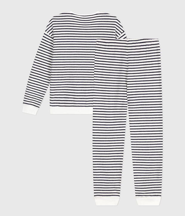 Damen-Pyjama aus Baumwoll-Frottee mit Streifen blau/blau