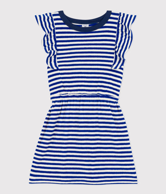 Gestreiftes, ärmelloses Kleid aus Bouclé-Frottee für Kinder/Mädchen blau SURF/ AVALANCHE