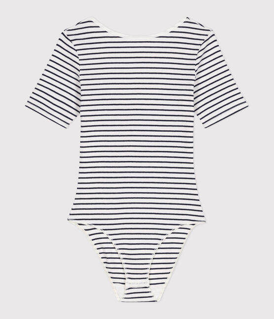 Kurzärmeliger gestreifter Damen-Body aus Baumwolle mit Elastan weiss MARSHMALLOW/blau SMOKING