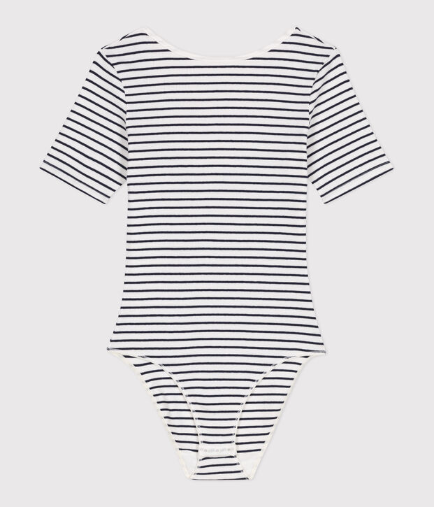 Kurz&auml;rmeliger gestreifter Damen-Body aus Baumwolle mit Elastan weiss/blau