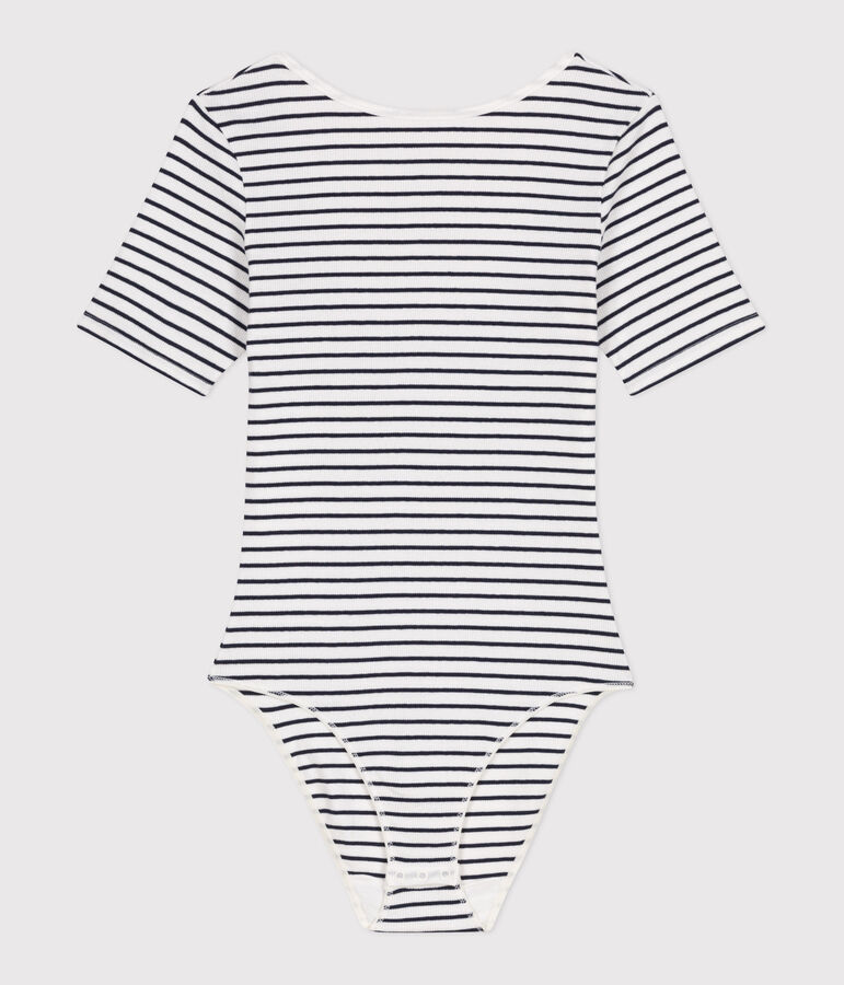 Kurz&auml;rmeliger gestreifter Damen-Body aus Baumwolle mit Elastan weiss/blau