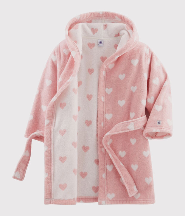Frottee-Bademantel mit Herzchen-Muster f&uuml;r M&auml;dchen rosa/weiss