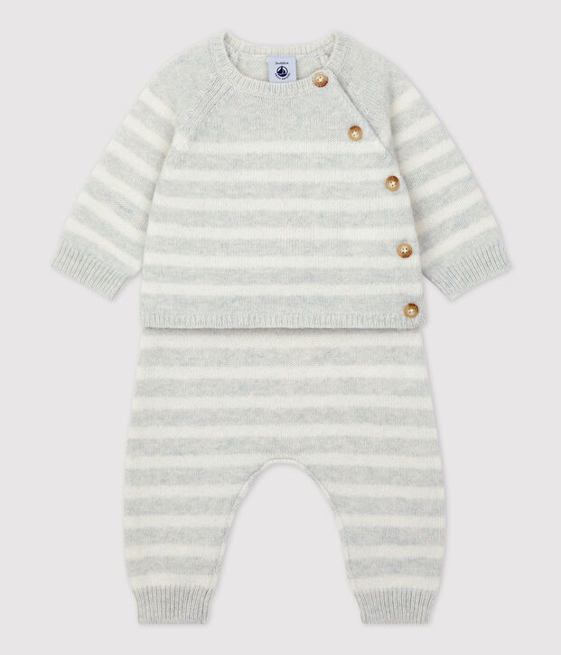 2-teiliges gestreiftes Strickset f&uuml;r Babys beige/weiss