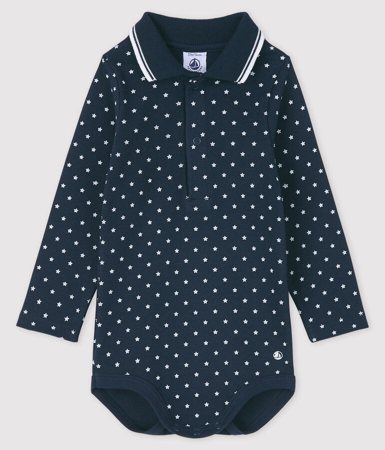 Lang&auml;rmliger Baby-Body mit Polokragen blau/weiss