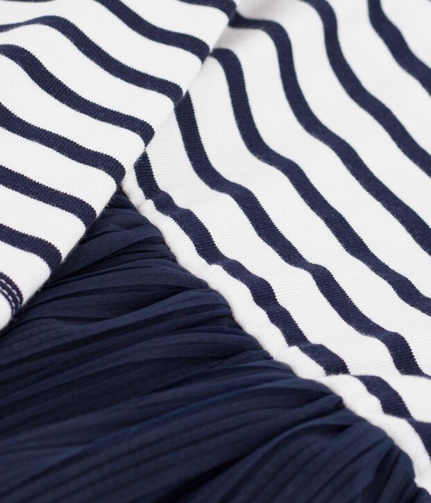 Lang&auml;rmeliges Kinder-Kleid aus Baumwolle und T&uuml;ll mit Streifen weiss/blau