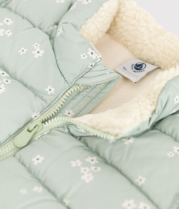 Gemusterte  Baby-Winterjacke mit einrollbarer Kapuze gr&uuml;n/vielfarbig