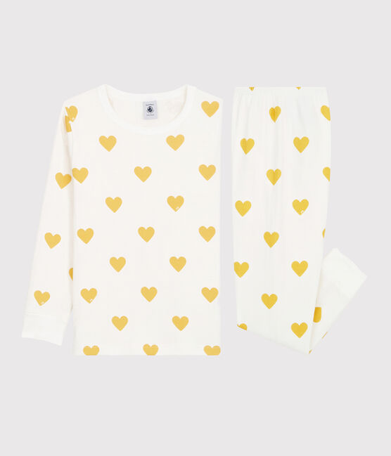 Kinderpyjama aus Bio-Baumwoll-Doppeljersey mit gelbem Herzmotiv weiss MARSHMALLOW/gelb OCRE