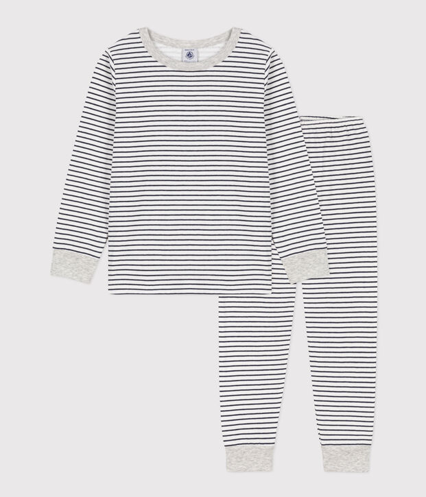 Kinderpyjama aus Doppeljersey mit Streifen weiss/blau