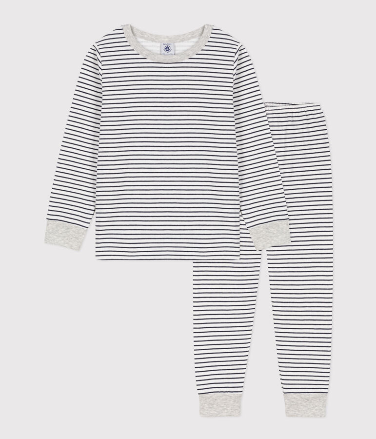 Kinderpyjama aus Doppeljersey mit Streifen weiss MARSHMALLOW/blau SMOKING