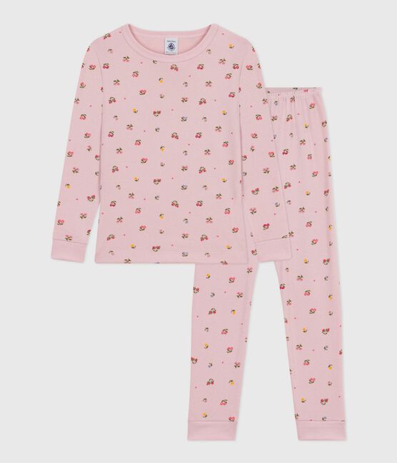 Kinder-Pyjama aus Baumwolle mit eng anliegenden Beinen und Blumenmotiv rosa JOLI/weiss MULTICO