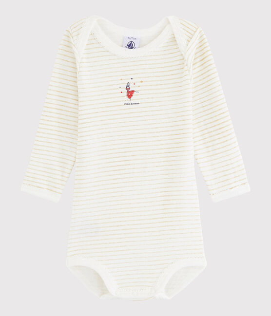 Langärmeliger Baby-Body Mädchen weiss ECUME/gelb OR