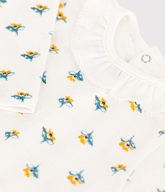 Langärmeliger gemusterter Baby-Body aus Baumwolle mit Rüschenkragen weiss MARSHMALLOW/weiss MULTICO