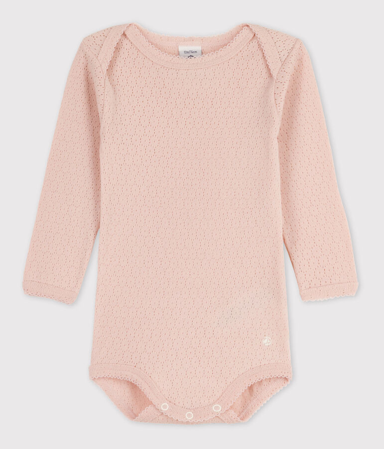 Lang&auml;rmeliger Baby-Body aus Ajour-Strick rosa