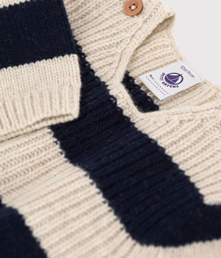 Babypullover aus Woll und Baumwollstrick weiss AVALANCHE/blau SMOKING