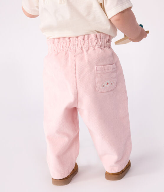 Baby-Hose aus einfarbigem Fein-Cord und bestickter Tasche hinten rosa JOLI