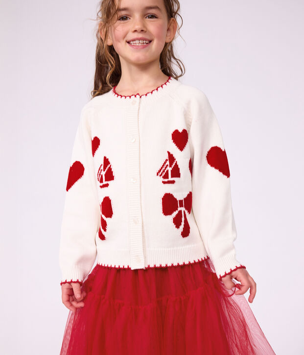Kinder-Cardigan aus Wolle und Baumwolle mit Muster weiss/rot