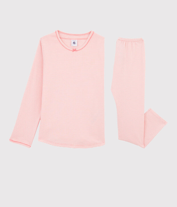 Kinderpyjama aus Rippstrick mit Ringelmuster f&uuml;r M&auml;dchen rosa/weiss