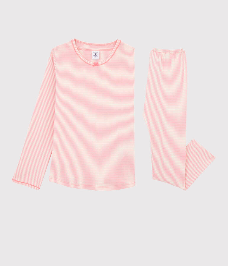 Kinderpyjama aus Rippstrick mit Ringelmuster f&uuml;r M&auml;dchen rosa/weiss