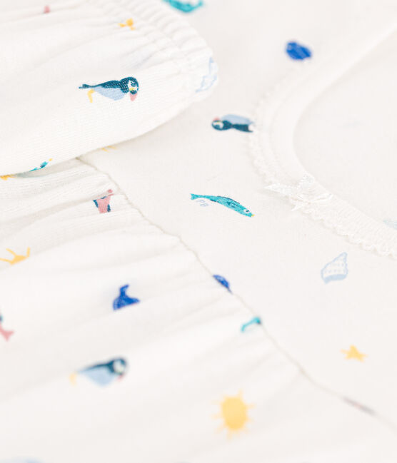 Kinder-Kurzpyjama aus Baumwolle mit Meerestier-Motiv für Mädchen weiss MARSHMALLOW/weiss MULTICO